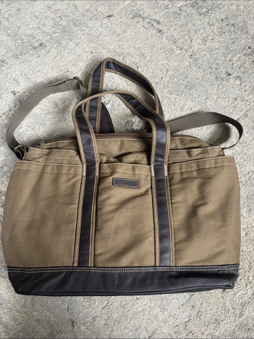 Eddie Bauer Olive Canvas Messenger Tote/ diaper bag with Dark Brown Trim